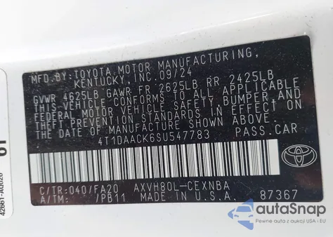 2025 Toyota Camry Le from USA, damaged, VIN 4T1DAACK6SU547783
